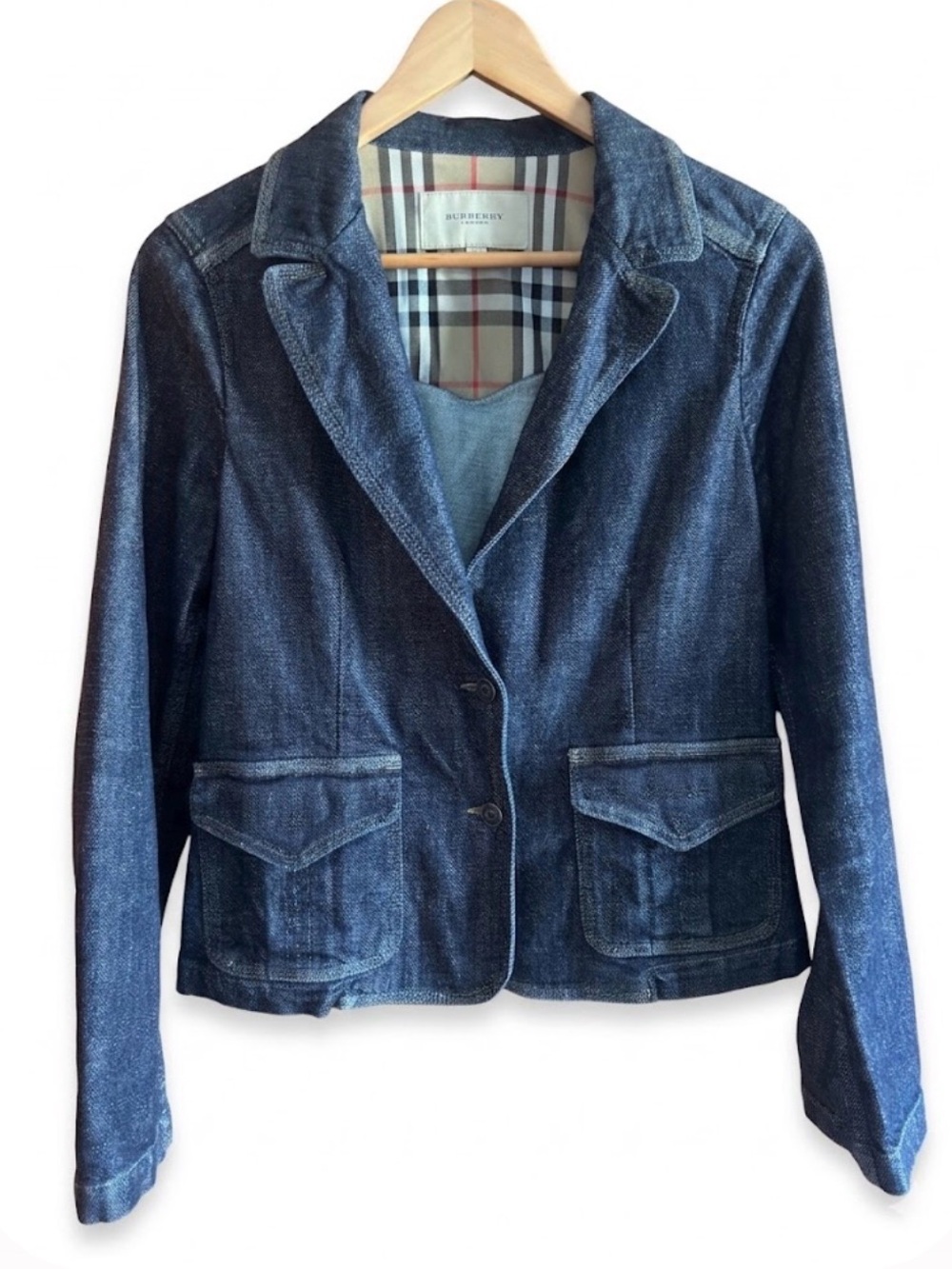 Burberry Dark Blue Denim Blazer Jacket with Signature Check Lining